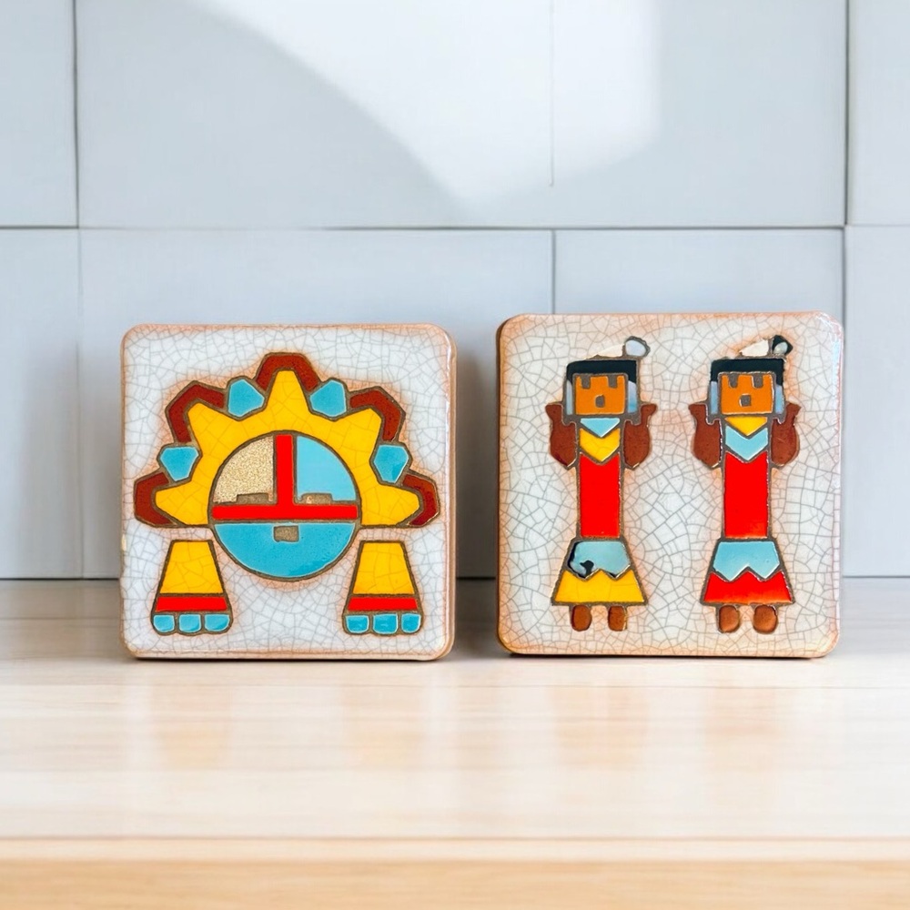 2 ARIUS Santa Fe Pottery Art Tiles 4” Southwest Hopi Native American Sun God Yei